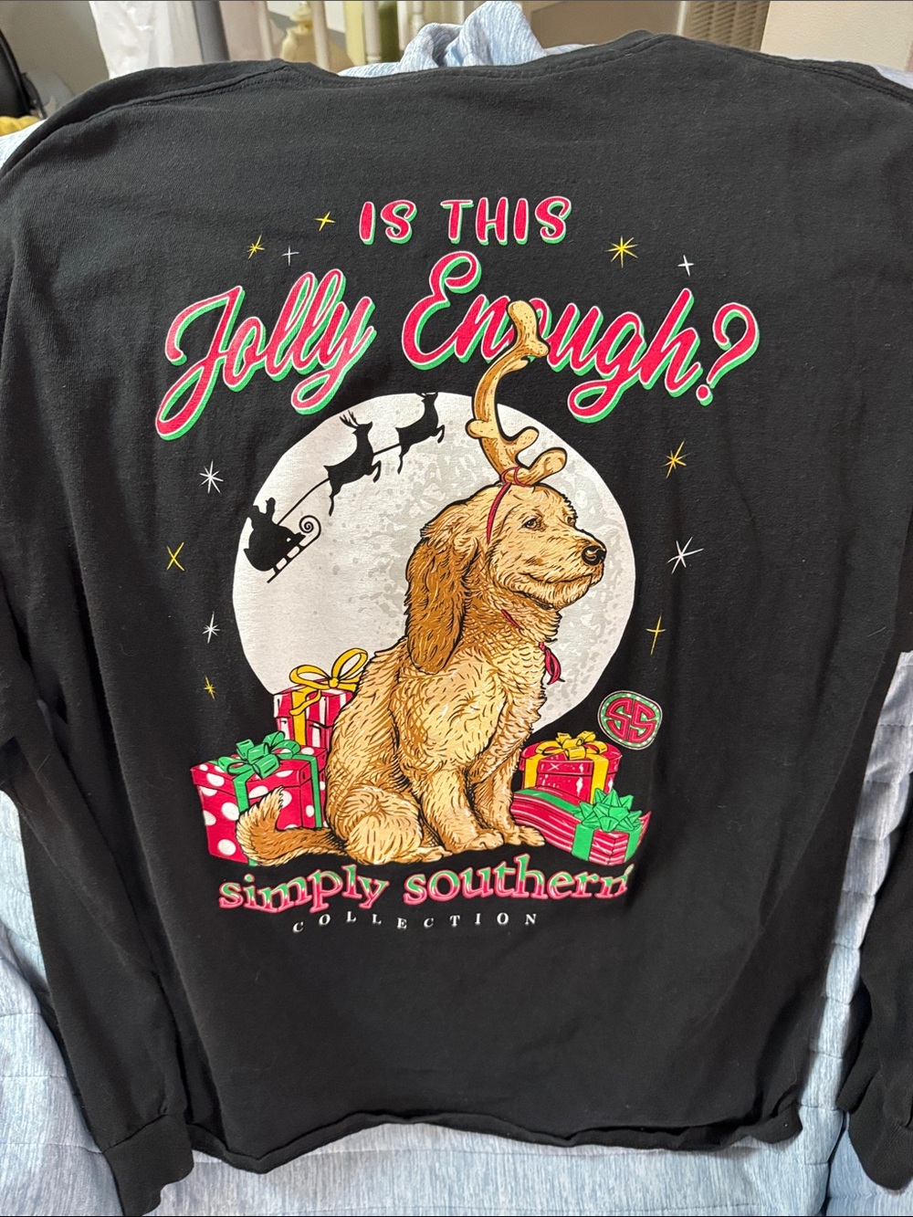 Simply Southern Black T-Shirt with Green and Red Graphic golden doodle